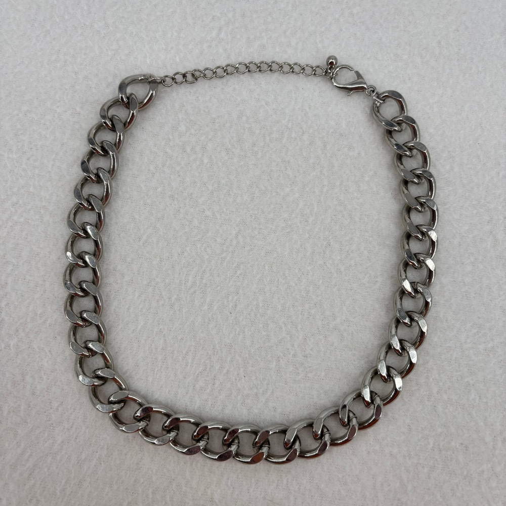 Silver Tone Chunky Curb Chain Necklace Adjustable Lobster Clasp Statement Link
